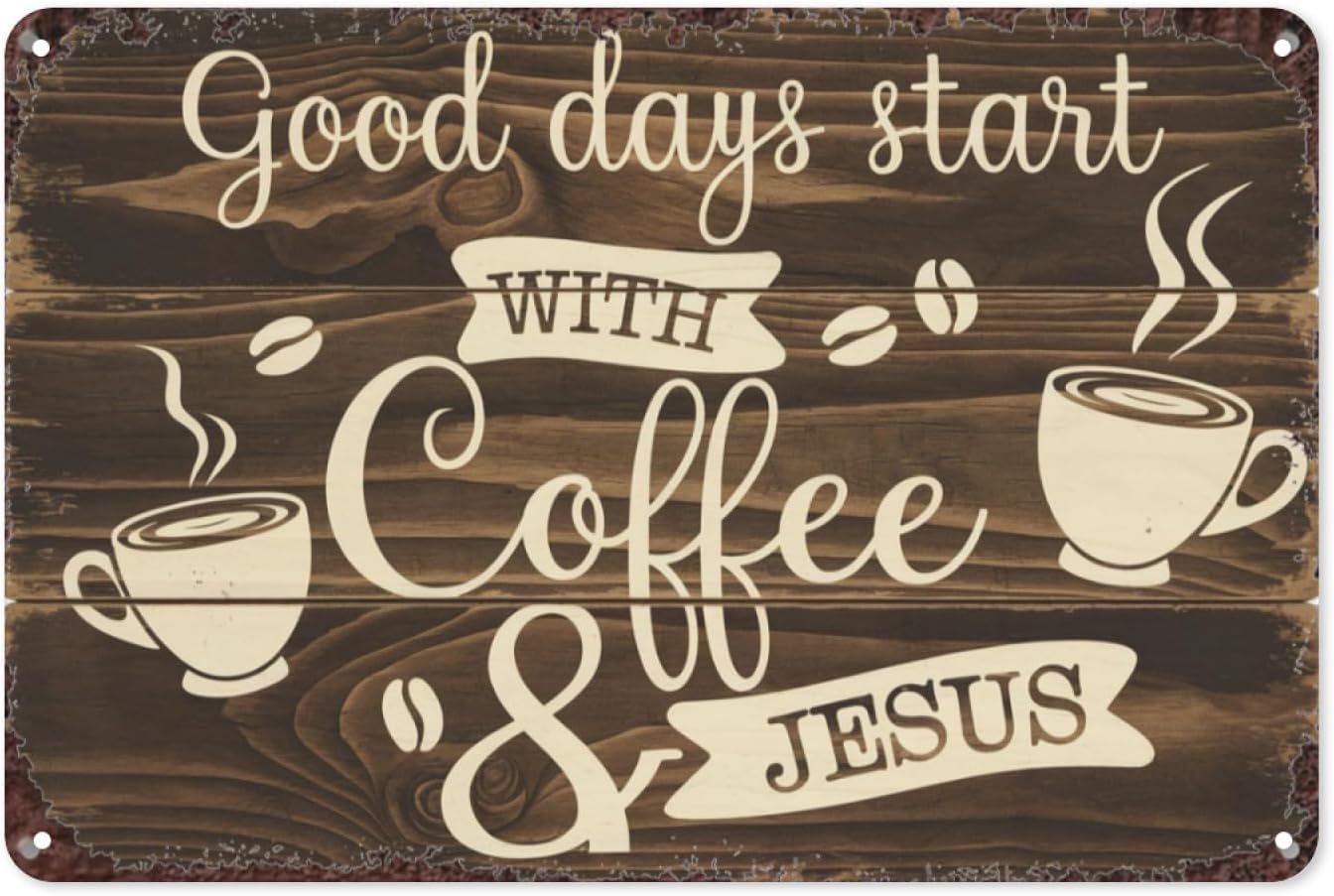 SMAZDFXX Coffee & Jesus Vintage Retro Tin Sign Metal Wall Decor for Kitchen & Church - Inspirational Religious Quotes Rustic Farmhouse Aesthetic, for Coffee Lovers & Christian Home 8"x12"