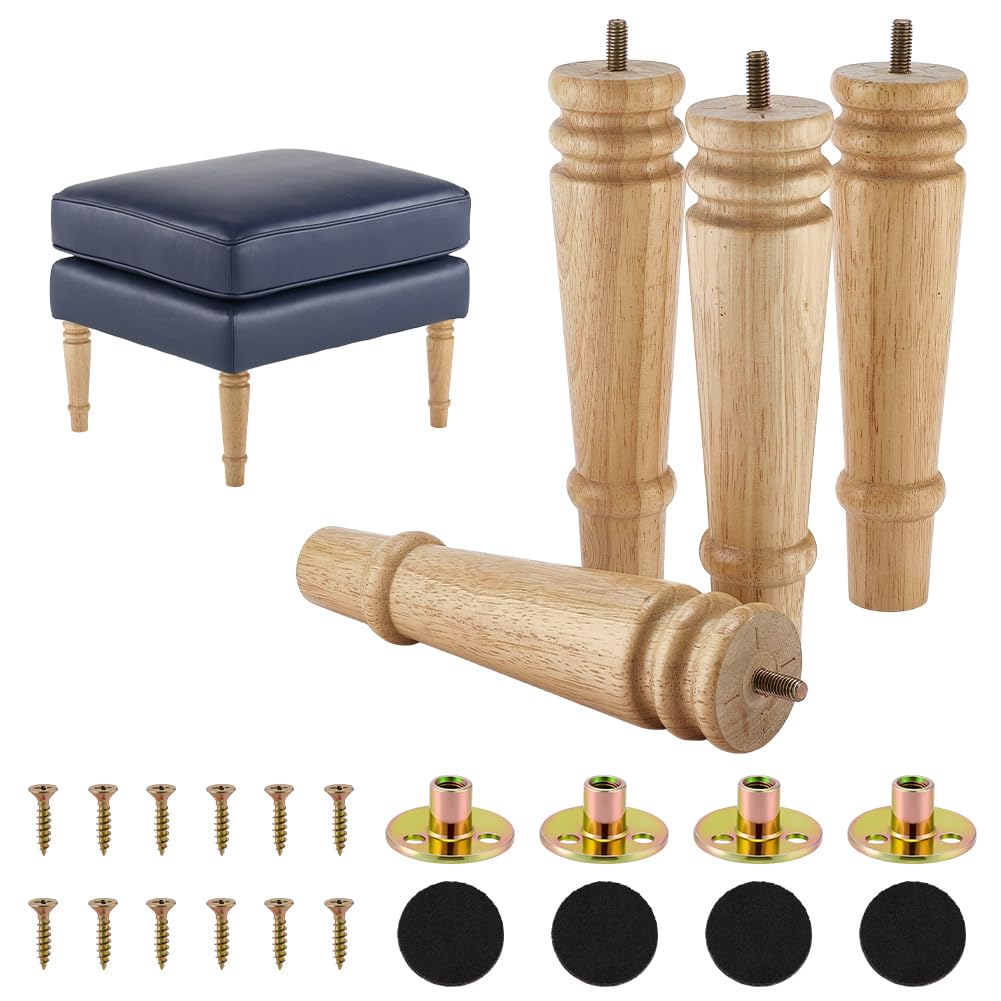AHANDMAKER 4 Pack Unfinished Furniture Legs 8 Inch Turned Wood Replacement Legs Set with Pre Drilled M8 Bolt for Dresser Ottoman Chair Bench Sofa Couch DIY Home Upgrade