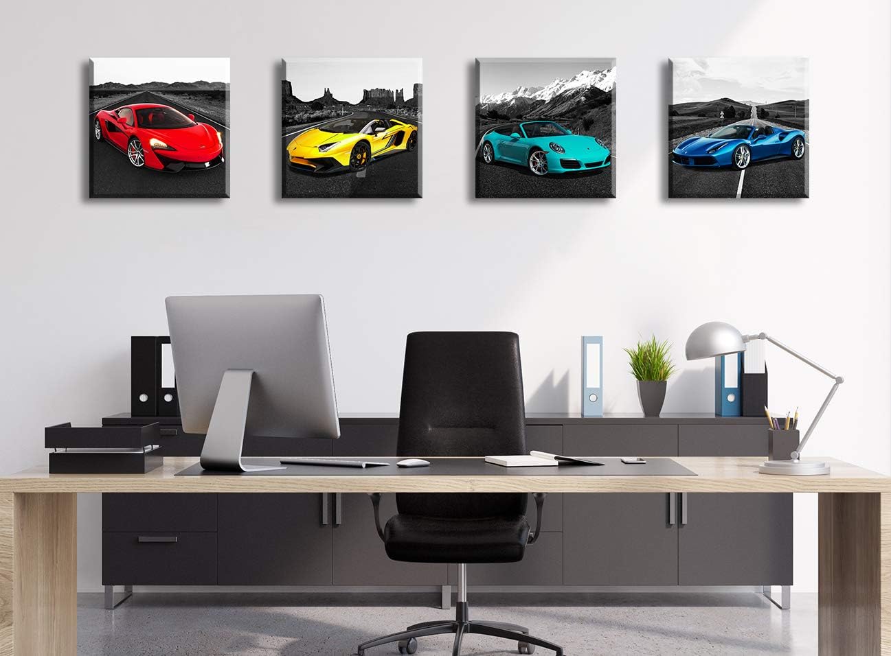 JiazuGo Car Pictures Posters Black and White Wall Decor Art for Teen Boys Room Mens Bedroom Office Canvas Framed Ready to Hang 12" W×12" H×4 PCS