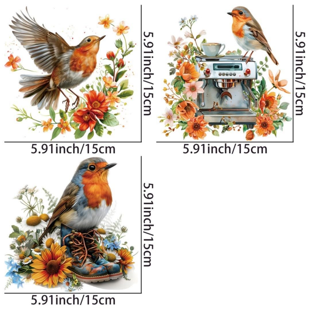 Robin Bird with Flowers Iron Transfer Patch Heat Transfer Sticker Vinyl Design Iron Applique T-Shirt Clothing DIY Craft Applique Clothing Decoration (P2)