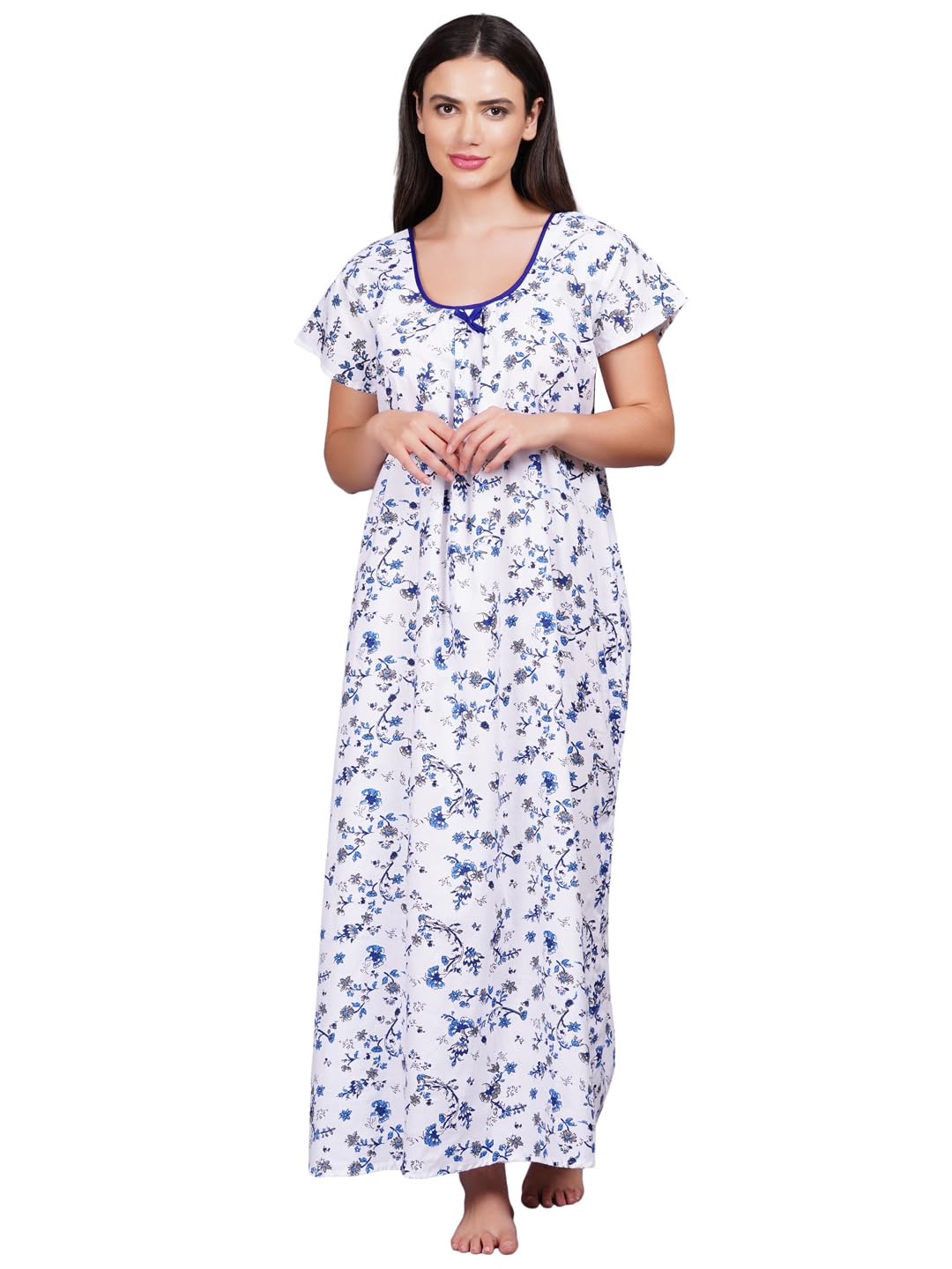 Woman's Pure Cotton Nightdress Short Sleeve Printed Ankle Length Nighty Nightgown-image-25