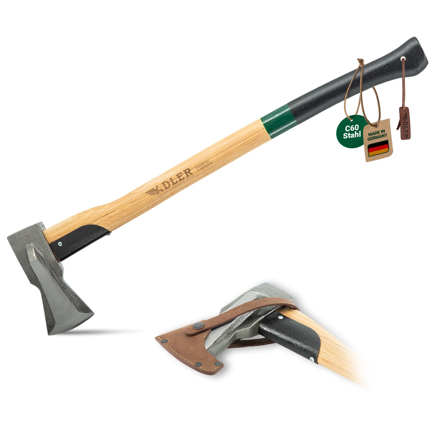 ADLER Spaltaxt 2000g 80 cm C60 Hickorystiel Brennholz Kaminholz Grün | Geschmiedeter Spaltkopf mit zwei Flügeln und dreifacher Sicherheitsverkeilung Made in Germany