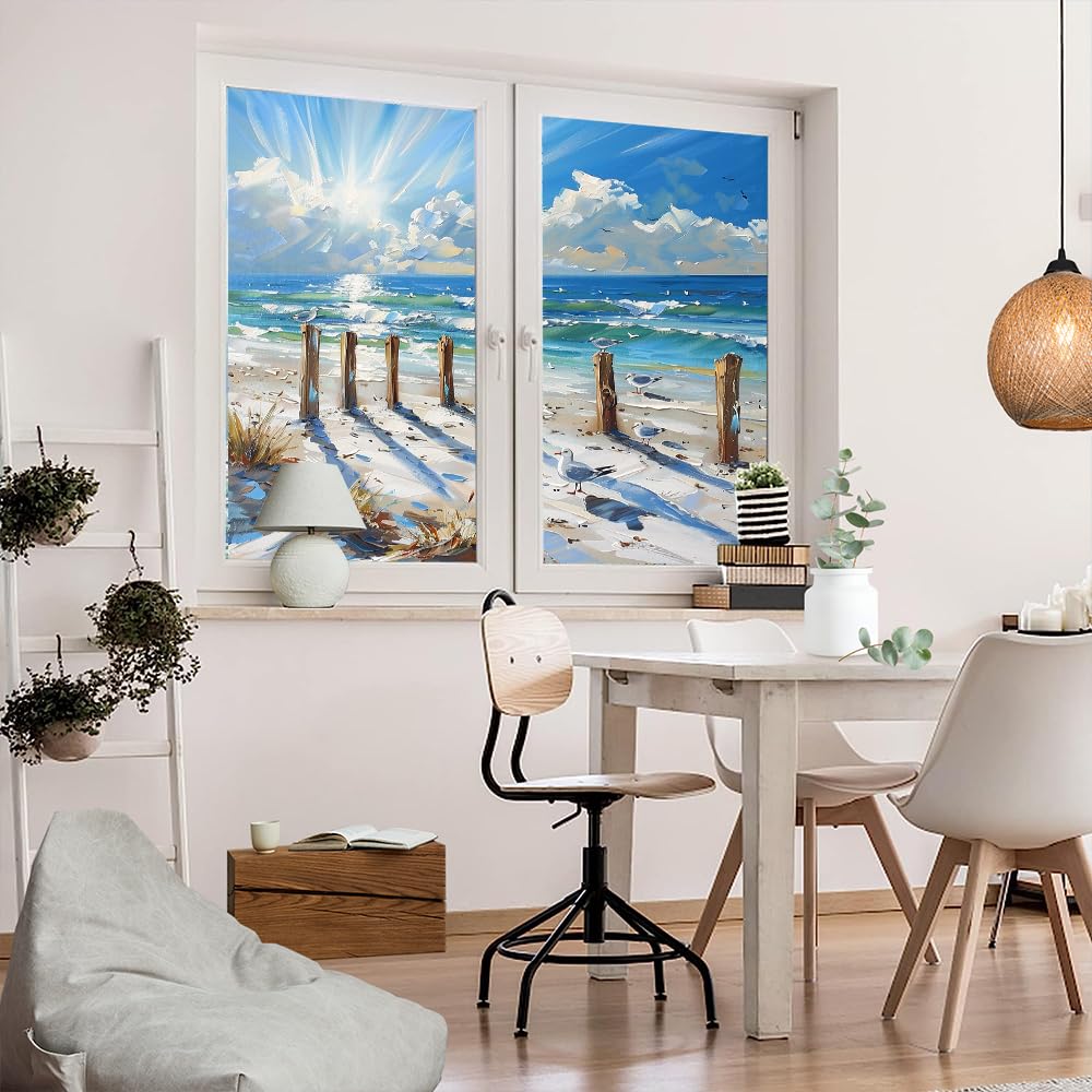 Bunte Sichtschutzfolie mit Meeresblick, Einweg-Fensterfolie, natürlich, blau, Strand, Möwen, abstrakt, hitzeblockierend, selbstklebend, Sichtschutz, 70 x 100 cm, 2 Stück