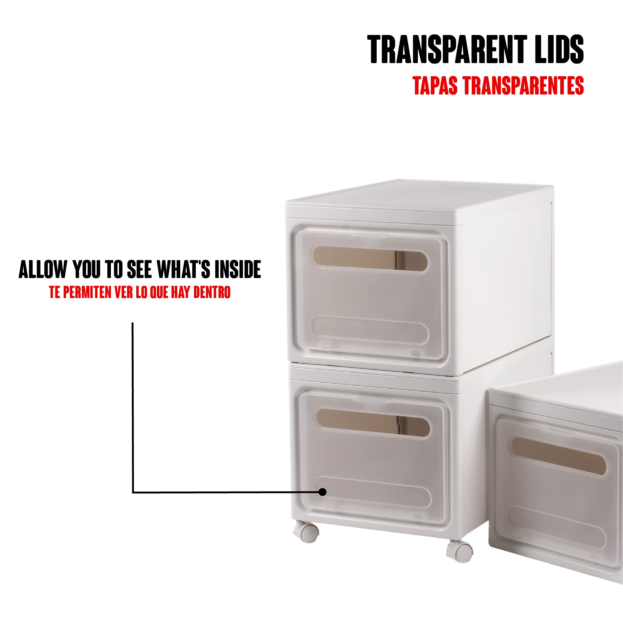 Cajas de Almacenaje Apilables con Tapa 3 Cajoneras de Plastico Organizador Estanterías con Ruedas Mueble Flexible Puntas Redondeadas Ahorra Espacio Tamaño Caja 38x38x25 Total 38x38x75
