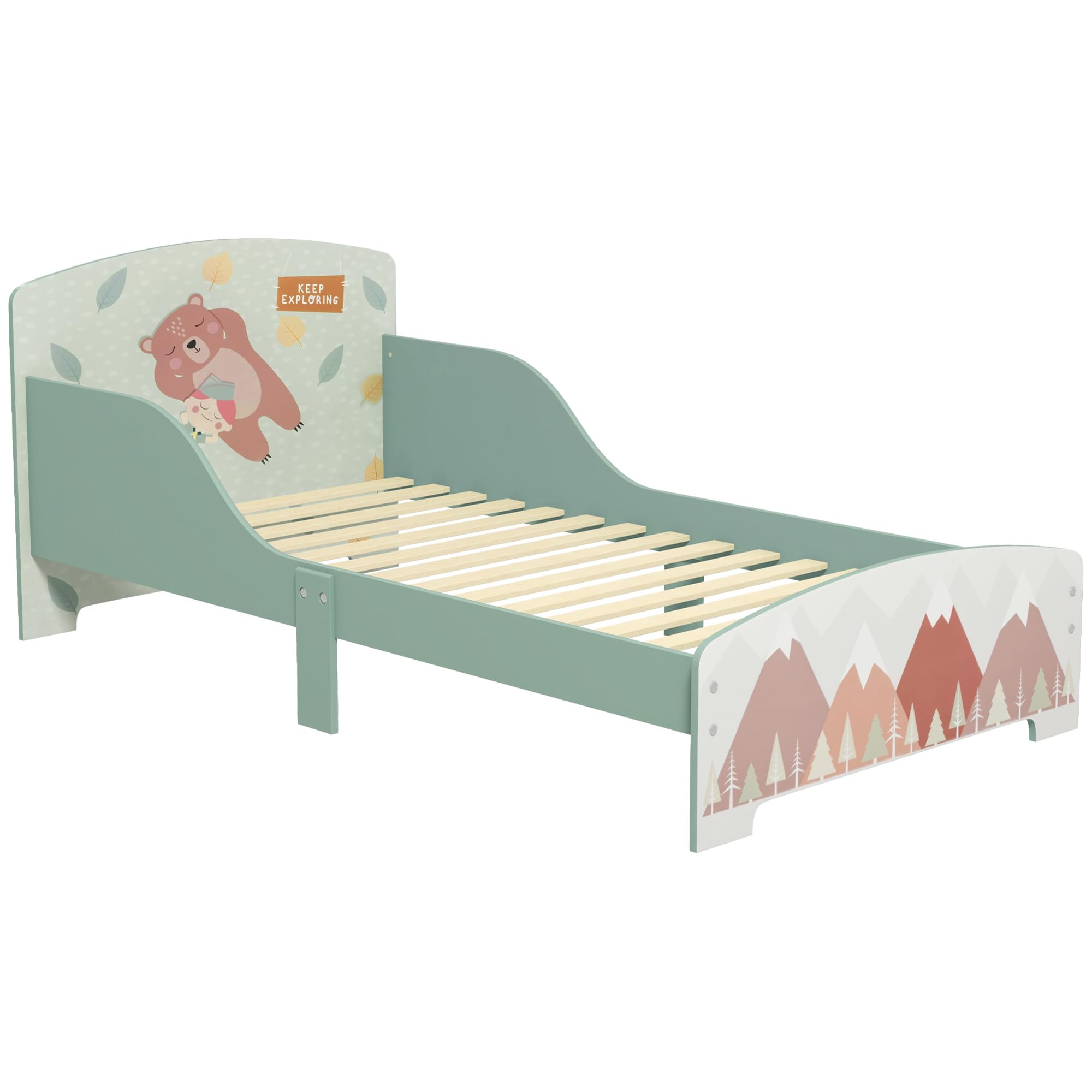 ZONEKIZ Lit pour Enfant lit au Sol Enfant 3-​6 Ans avec barrières de sécurité et Motifs dim. 77 x 143 x 60 cm sommier à Lattes Inclus - Vert