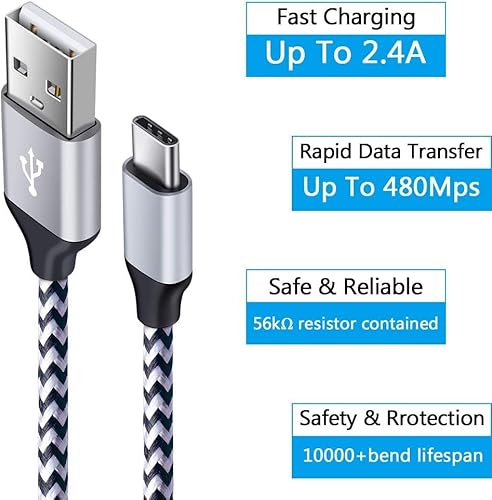 Miniatura 4 de Cable de carga C de carga rápida, paquete de 5 cables USB C de 6 pies para Android, compatible con Samsung Galaxy S26 S25 S23 S21 S20 Ultra S10 S8