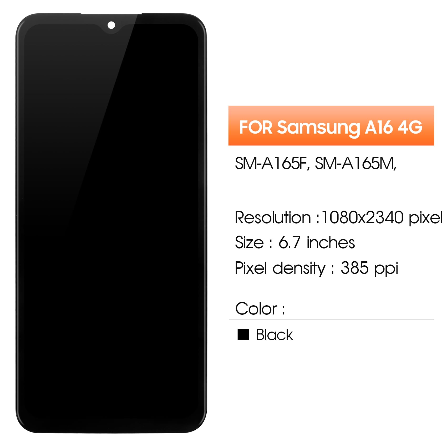Incell - Schermo LCD per Samsung Galaxy A16 4G A165 Display Touch Screen Digitizer Assembly SM-A165F/DSB, A165F, A165F/DS (nero con telaio)