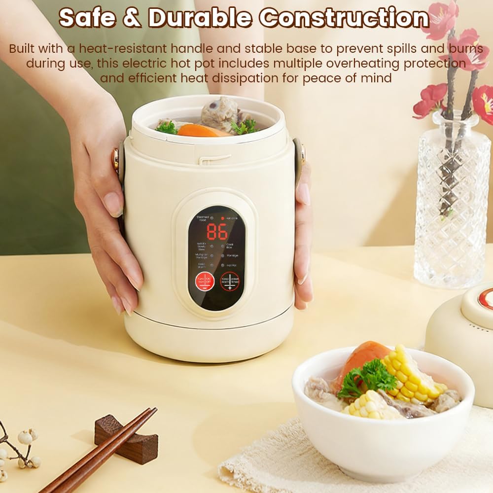 Portable Electric Pot, 500W Mini Cooker with Stainless Steel & 9-Hour Keep-Warm, Compact Travel Cooker for Soup, Noodles, Oats in Office, Dorm, Camping