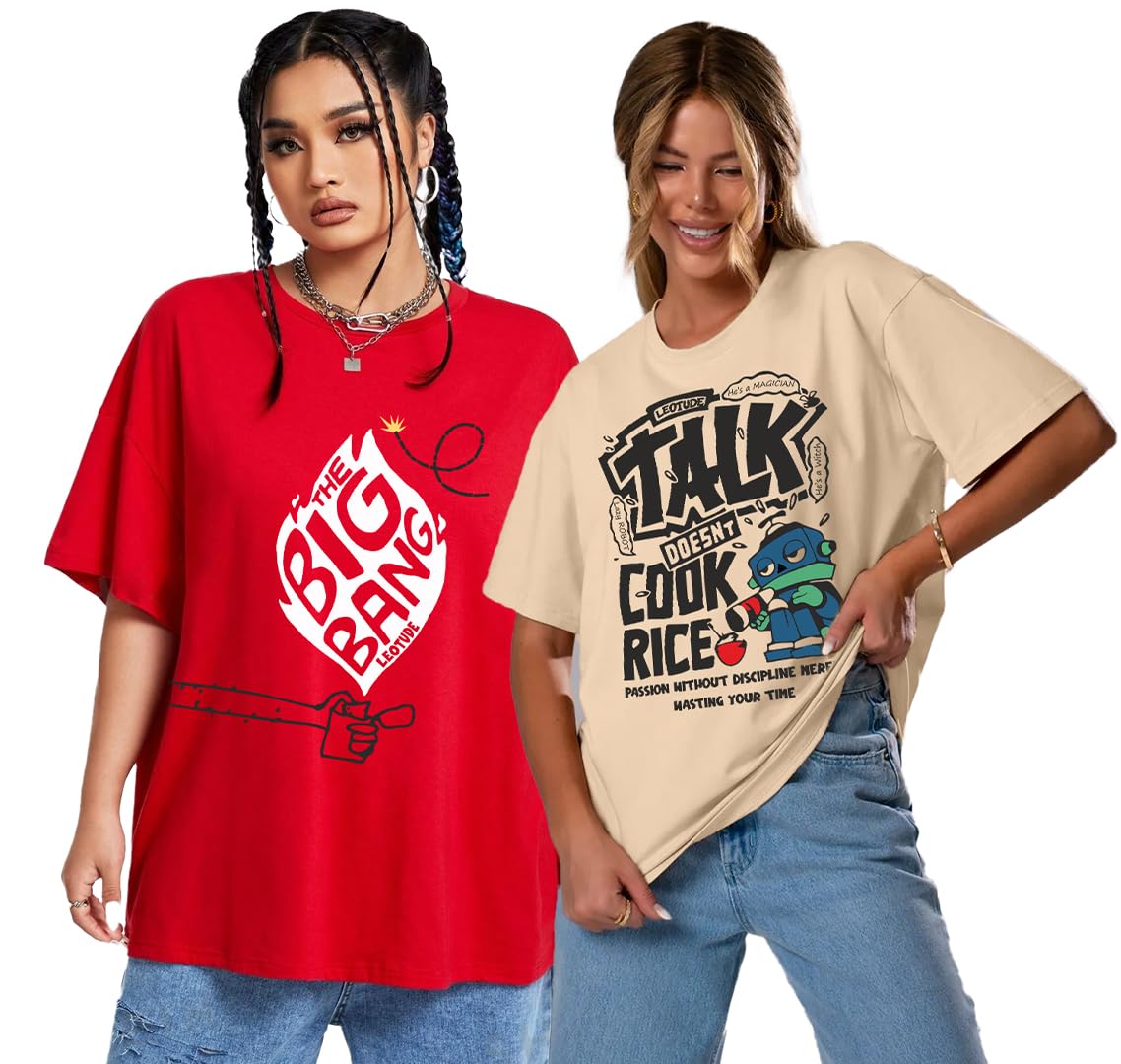 leotude Women Trendy Oversized Round Neck Printed Cottonblend T-Shirt (Pack of 2)-picture-24