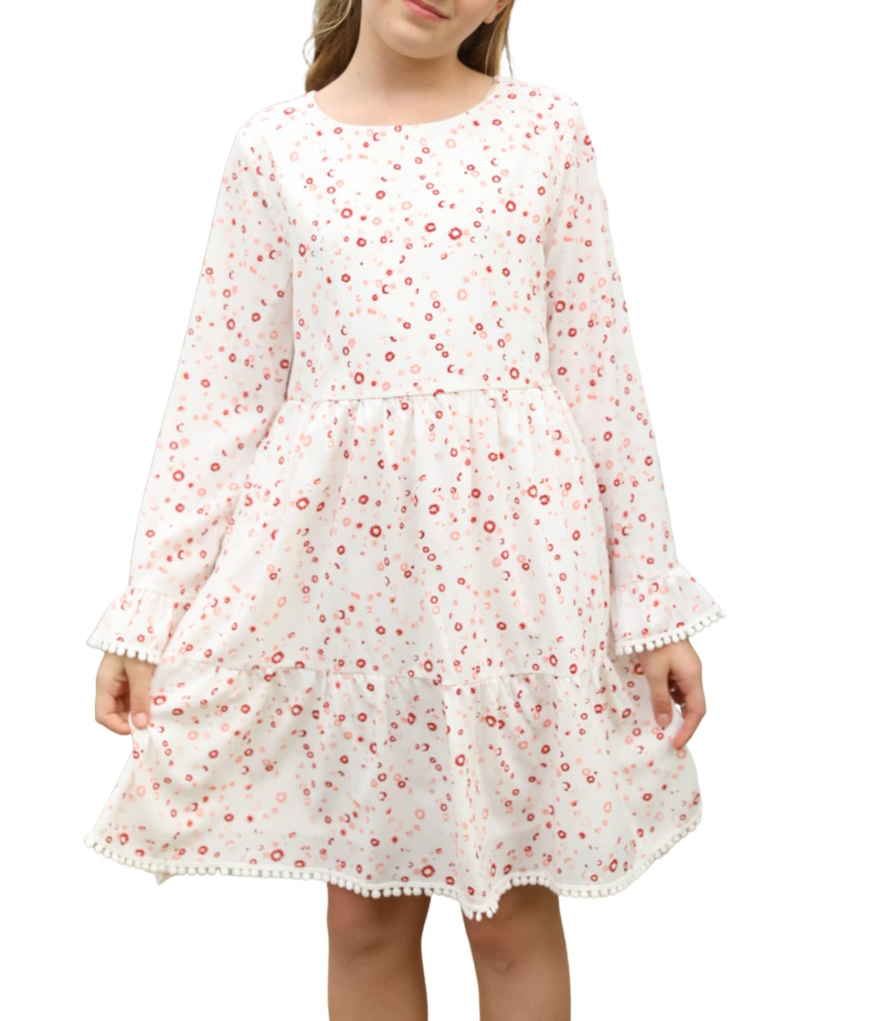 Girl's Floral Print Dress Round Neck A-line Swing Ruffle Trim Dress Long Sleeve Flared Casual Party Mini Dress for 5-14 Years