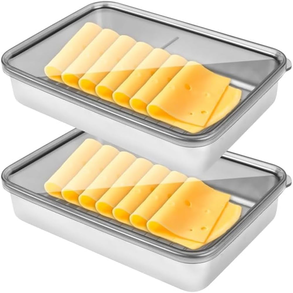 Xspring Food Storage Container, 2 Pcs 1L Deli Meat Saver Keeper Container with Airtight Lids, Stainless Steel Keeper Container for Refrigerator, Cold Storage Container for Fridge Kitchen Freezer