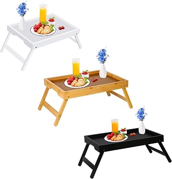 Bed Tray Table for Eating with Folding Legs, Bamboo Breakfast Table in Bed for Eating on Couch, Bed, Laptop Computer TrayBamboo + Black + White