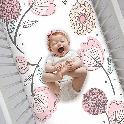 Image of NoJo Photo Op 100% Cotton Fitted Crib Sheet, Floral, Pink /Gray