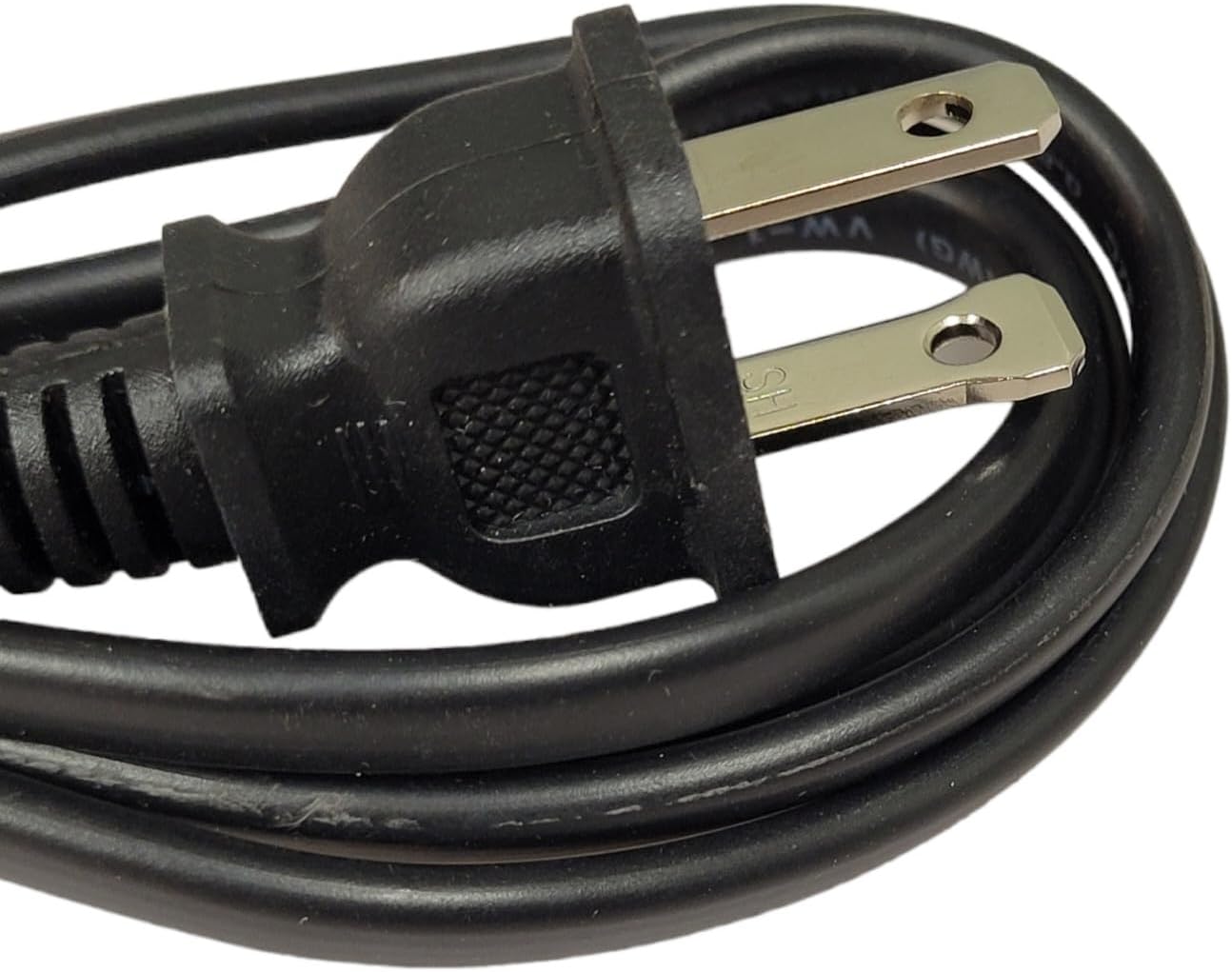 Close-up of the male plug end of the power cord, showing two flat prongs.