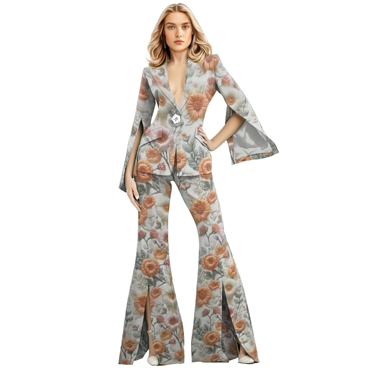 Womens 2 Piece Floral Print Suit Bell Bottoms Split Sleeve Blazer Single Diamond Button for Evening Party