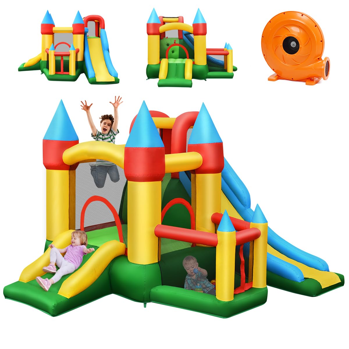 DREAMADE Château Gonflable avec 2 Toboggans, 330 x 300 x 210 cm, Charge Max. 135 kg, pour 3 Enfants 3-10 Ans, Aire de Jeux Extérieur avec Mur d'escalade, Gonfleur 680W Inclus