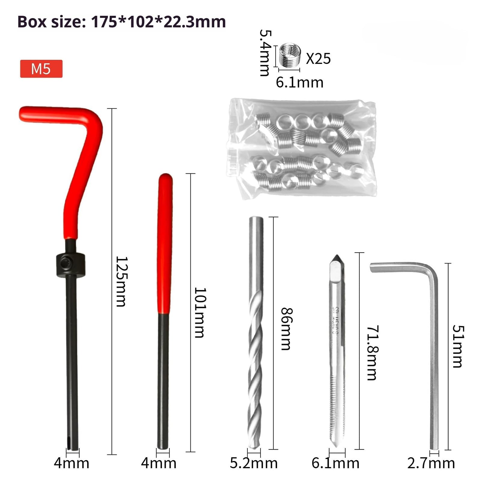 Kit di Riparazione Filettatura 131 Pezzi, Set di Utensili per Inserti Elicoidali M5-M12 con Punte da Trapano, Maschi e Installatore,Ripristino Filettatura Spelata per Candele di Motore Automobilistico