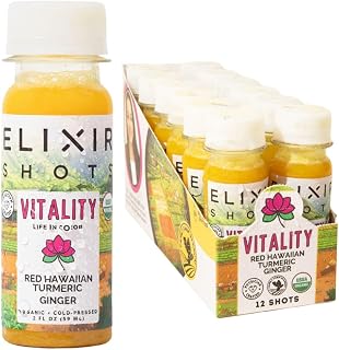 Elixir Shots, Vitality Immunity Wellness Shot with 100% Organic Ingredients, Cold-Pressed Red Hawaiian Turmeric, Peruvian Ginger, Pineapple and Black Pepper, No Sugar or Artificial Additives, 12 Pack