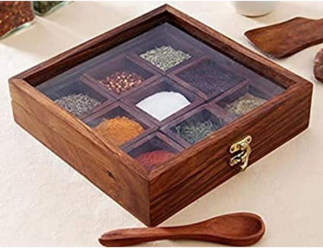 DWH Deluxe wood handicrafts Handmade 9 Container Spice Box with Spoon in Sheesham Wood with Lid Organizer/Storage Racks Jars (Brown) (DWH-YWH)