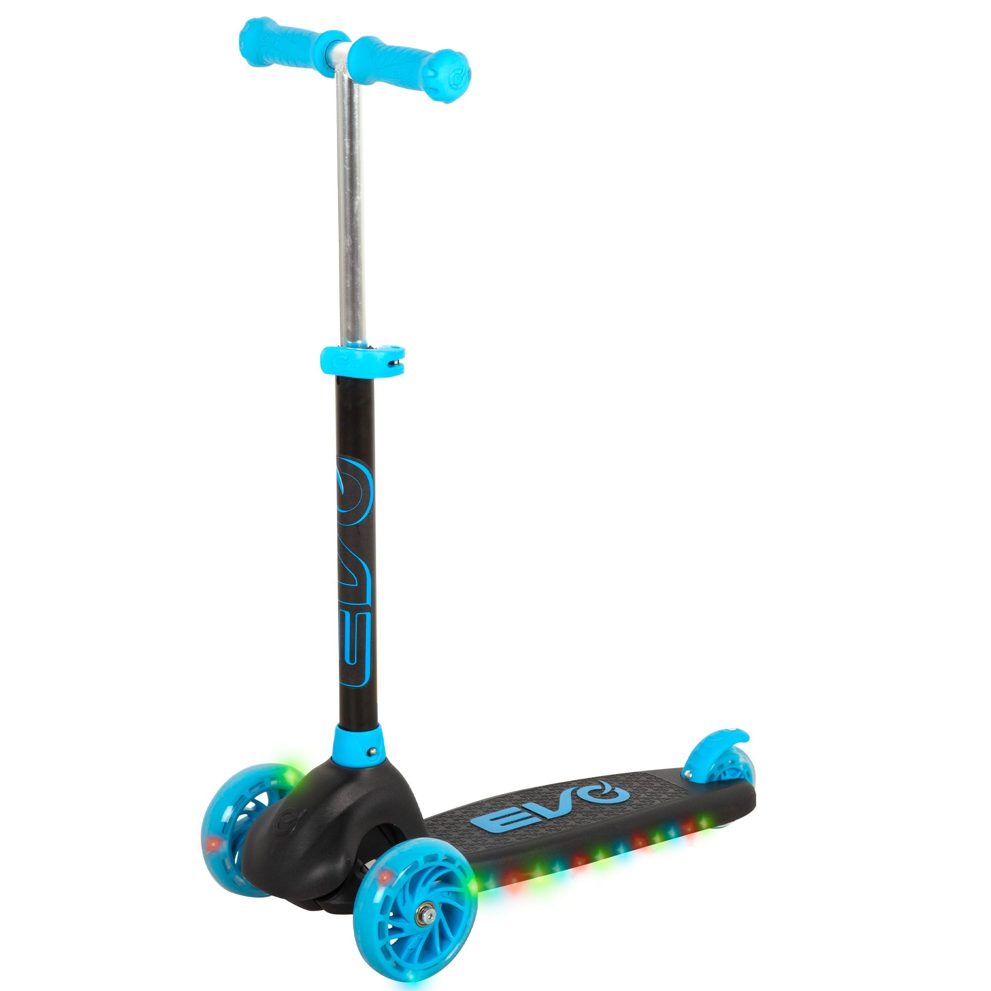 ColorBaby EVO Patinete 3 Ruedas, Negro y Azul, Luces LED, Manillar Ajustable, Base Antideslizante, Freno Trasero, Peso máx. 50 kg, Juguetes niños 3 años, Patinetes Infantiles (54337)
