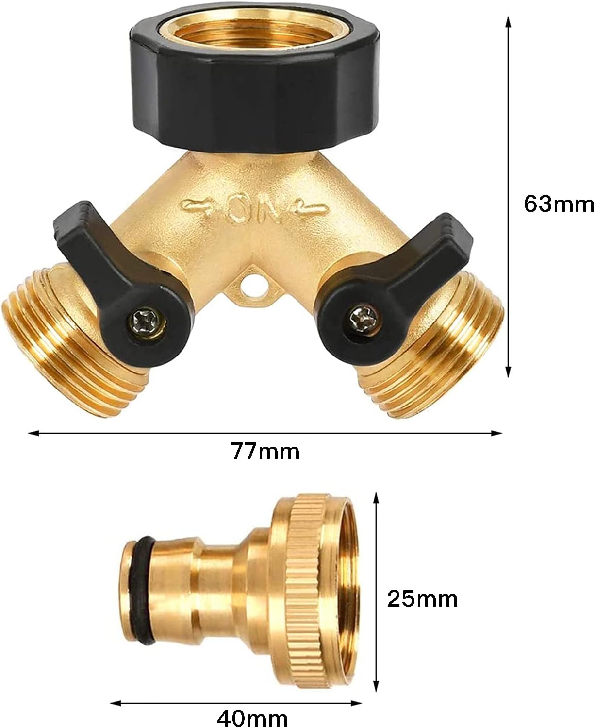 3/4 Inch 2 Way Brass Tap Garden Hose Splitter Double Hose Connector Y Valve Garden Tap Splitter with Individual On/Off Valves and 3/4 Inch Quick Connector for Garden Irrigation Tool - Image 3