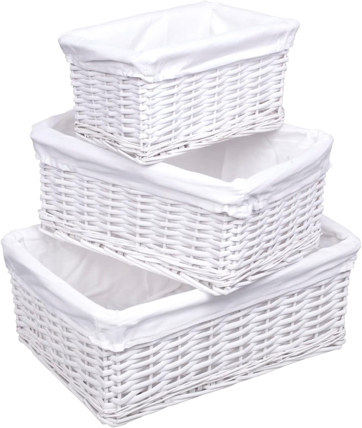 WoodLuv Wicker Storage Basket with Lining, Set of 3, White