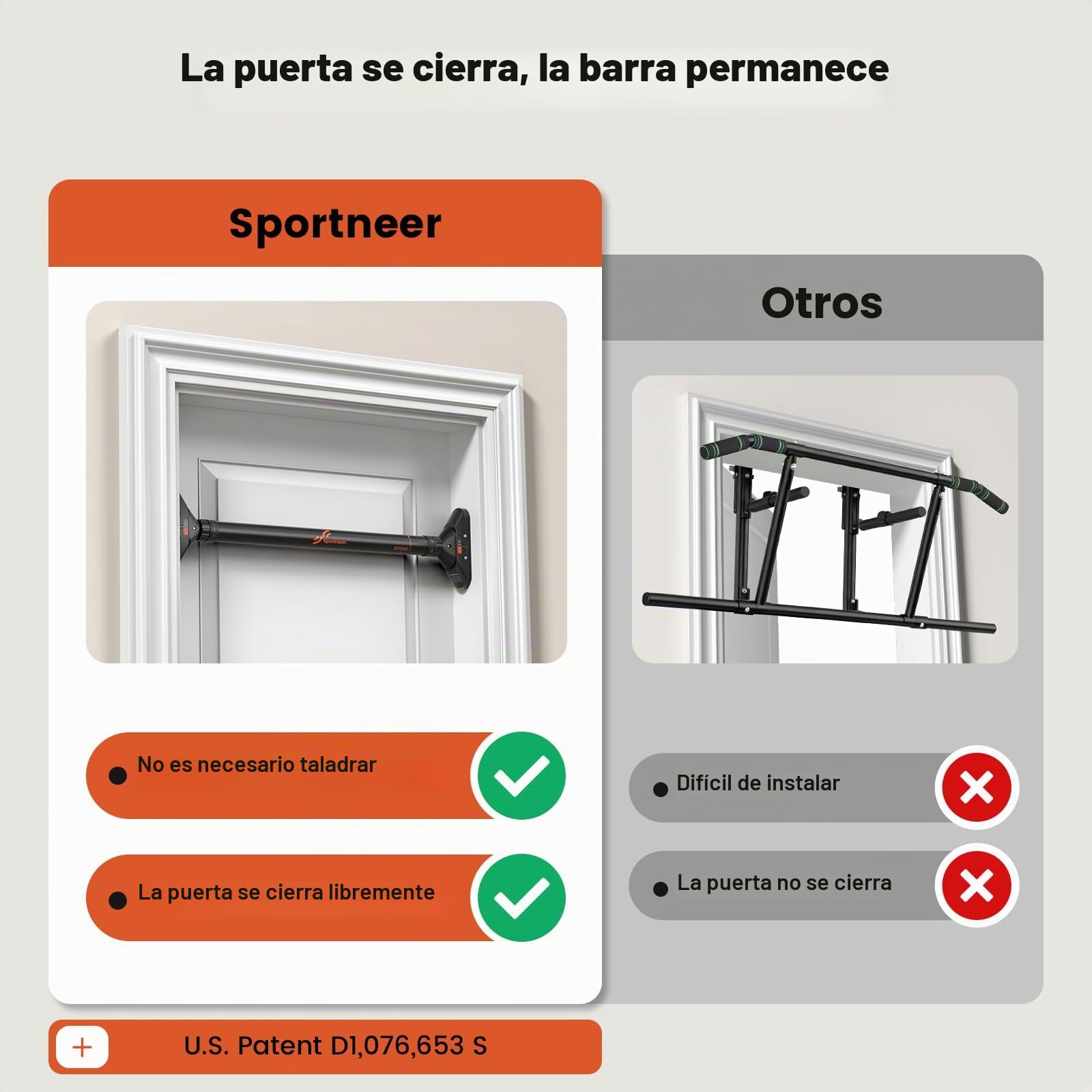 Sportneer Barra de dominadas para puerta, barra de dominadas, sin tornillos, marco de puerta, barra ajustable de 75 a 94 cm, hasta 200 kg de capacidad, barra de entrenamiento