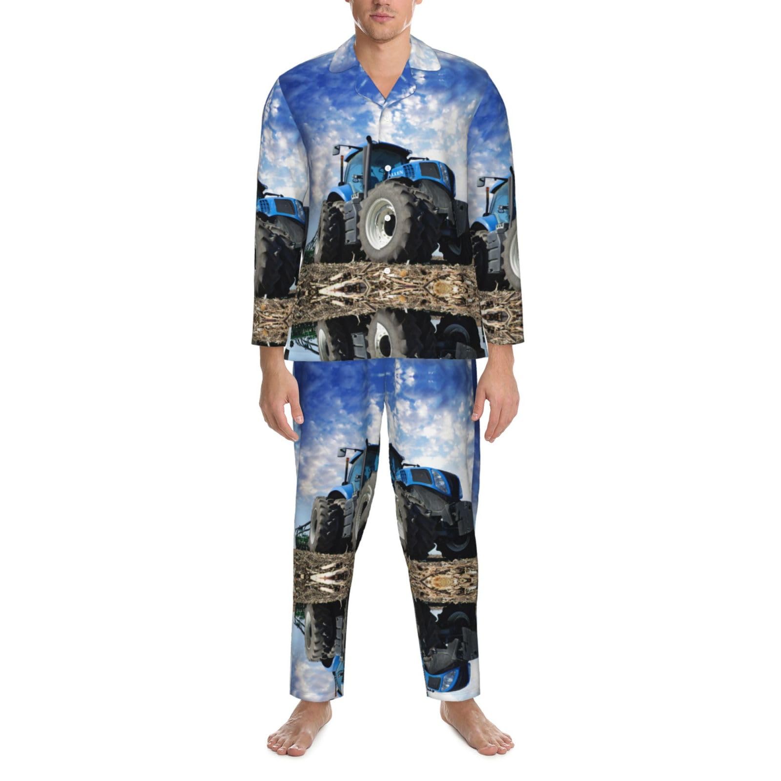 Langärmeliges Pyjama-Set für Herren, Motiv: Bauernhof-Traktor, bequemer und modischer Schlafanzug