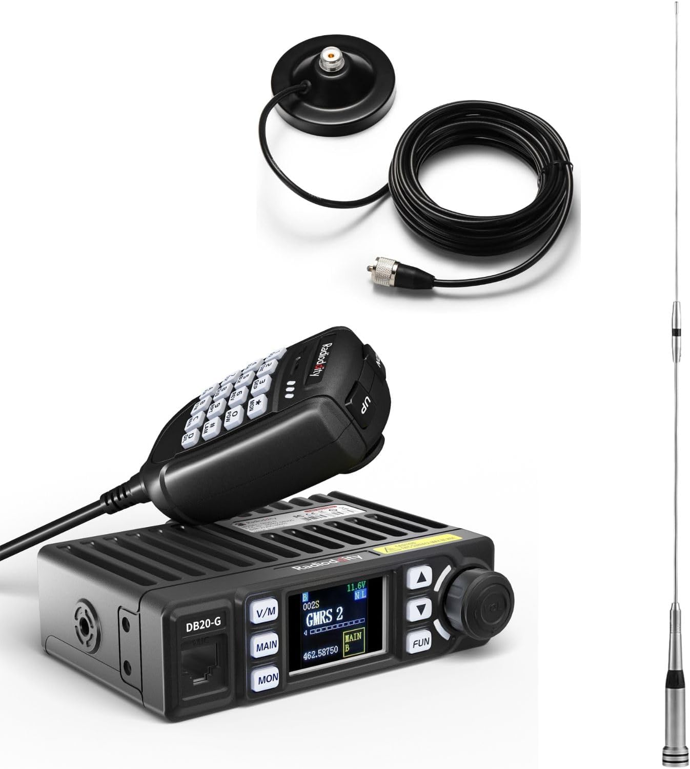 [with Antenna and Magnet Mount] Radioddity DB20-G GMRS Mobile Radio for Car Vehicle, 20W Long Range Two Way Radio with Cigarette Lighter Plug, 500 Channels, VOX, Display Sync, for Off Road Overlanding
