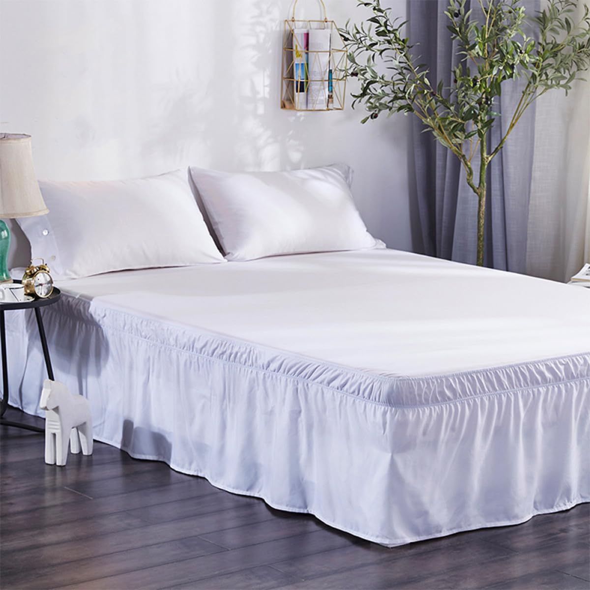 Gonna da Letto Bianca in Poliestere Fascia Elastica e Design a Pieghe, Elegante e Semplice, Decorazione per Casa e Hotel, Misura 200x200 Cm