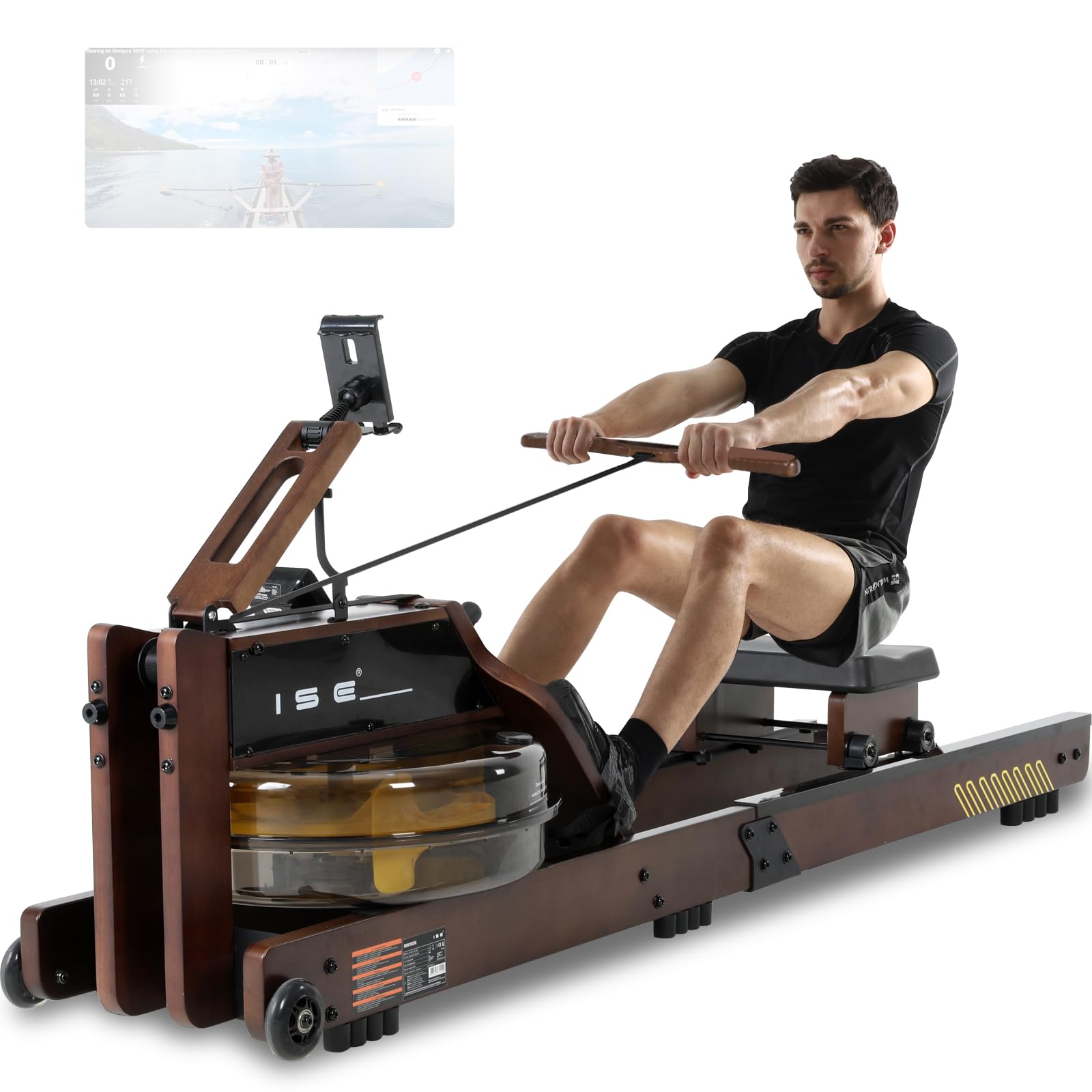 ISE Rameur Pliable à Eau Fitness, Rameur d'Appartement Pliable Maison/Bureau, avec Pompe à Eau, Niveau Résistance 30KG Maxi, Écran LCD, Siège Réglable, Water Rowing Machine Roue Transport Rail Lisse
