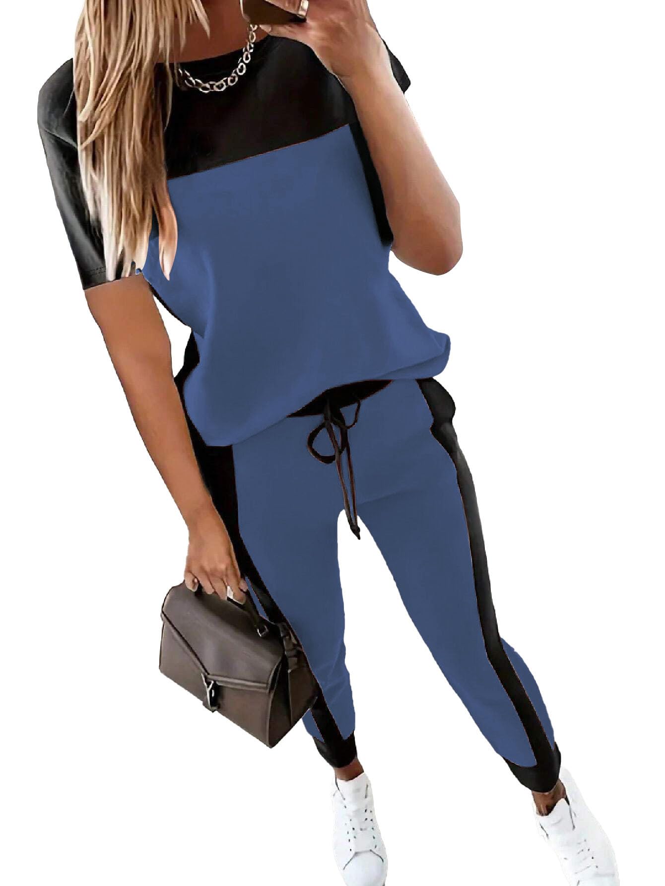 HBQ Women's Color Block 2 Piece Outfits Summer Travel Tracksuit Short Sleeve Tops High Waisted Jogger Pants Lounge Sets