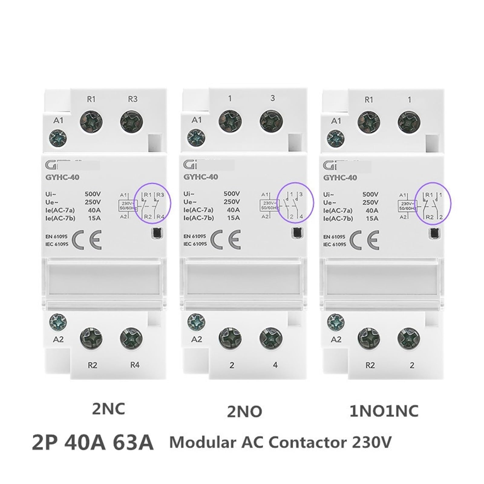 Contactor modular 2P 40A 63A 2NO o 2NC o 1NO1NC Montaje en carril DIN AC220V 230V Automático(2P 63A 1NO1NC 220V)