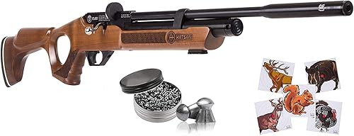 Hatsan Flash Wood QE .177 Cal Air Rifle con paquete de 500 pellets y 100 objetivos de papel (calcio de madera dura)