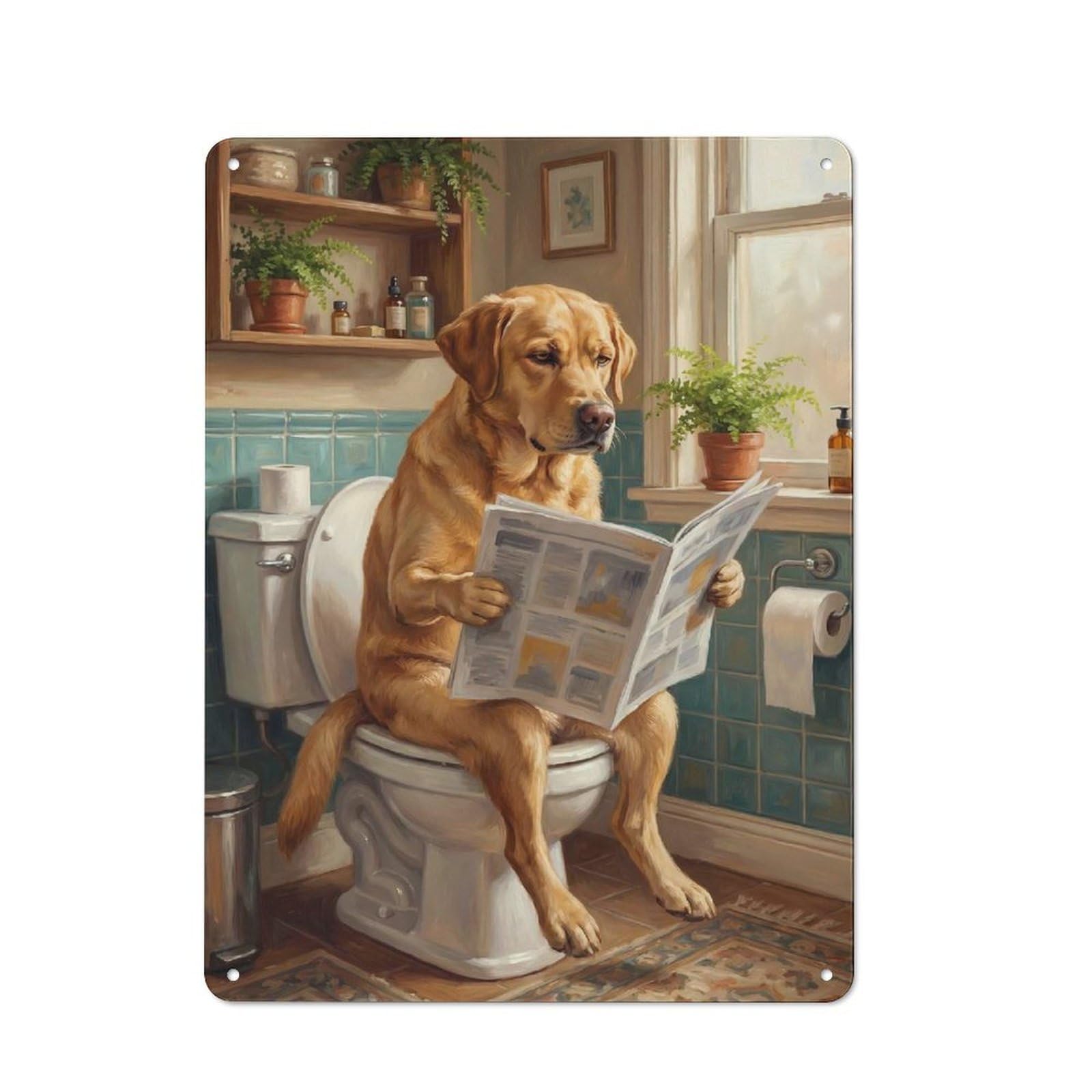 Junmoney Style-16 Tin Wall Plaque 40X30cm With Dog Reading Newspaper On Toilet For Hallway Wall, Suited To Hallway Decor Lovers, For Retro Home Interiors