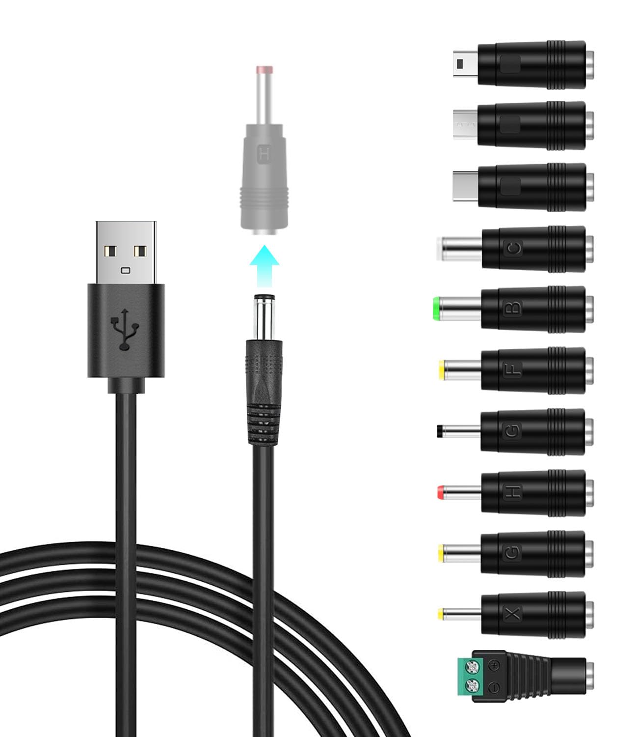 Universal USB to DC 5V Power Cable, DC 5.5x2.1mm Charging Cable with 11 Connector Tips (5.5x2.5, 6.3x3.0, 4.8x1.7, 4.0x1.7, 3.5x1.35, 3.0x1.1, 2.5x0.7, Type-C, Micro USB, Mini USB, LED Interface)