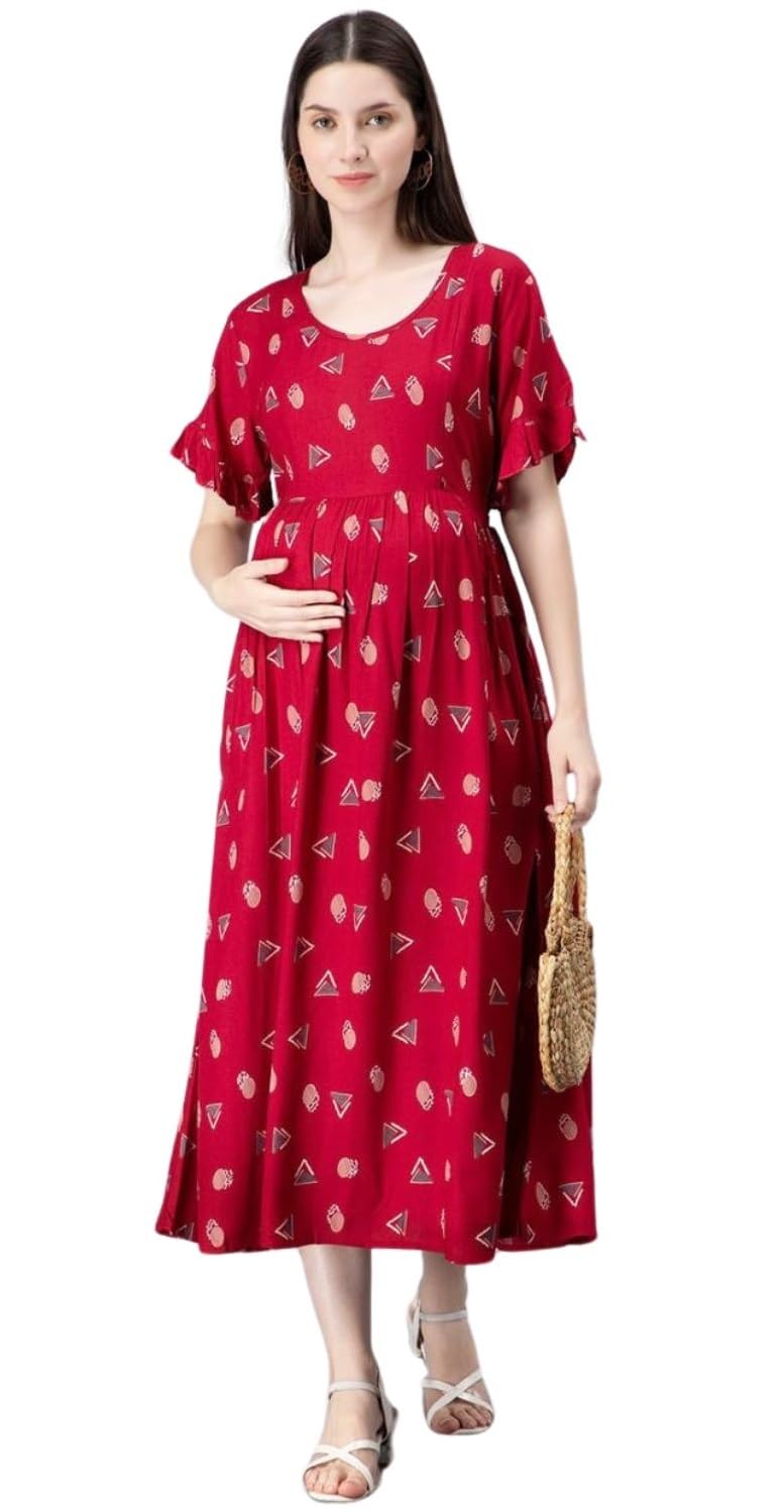 khejal Women's Cotton Round Neck Short Sleeves Printed Maternity Kurti with Feeding Zipper (Red MOM-L)-picture-29