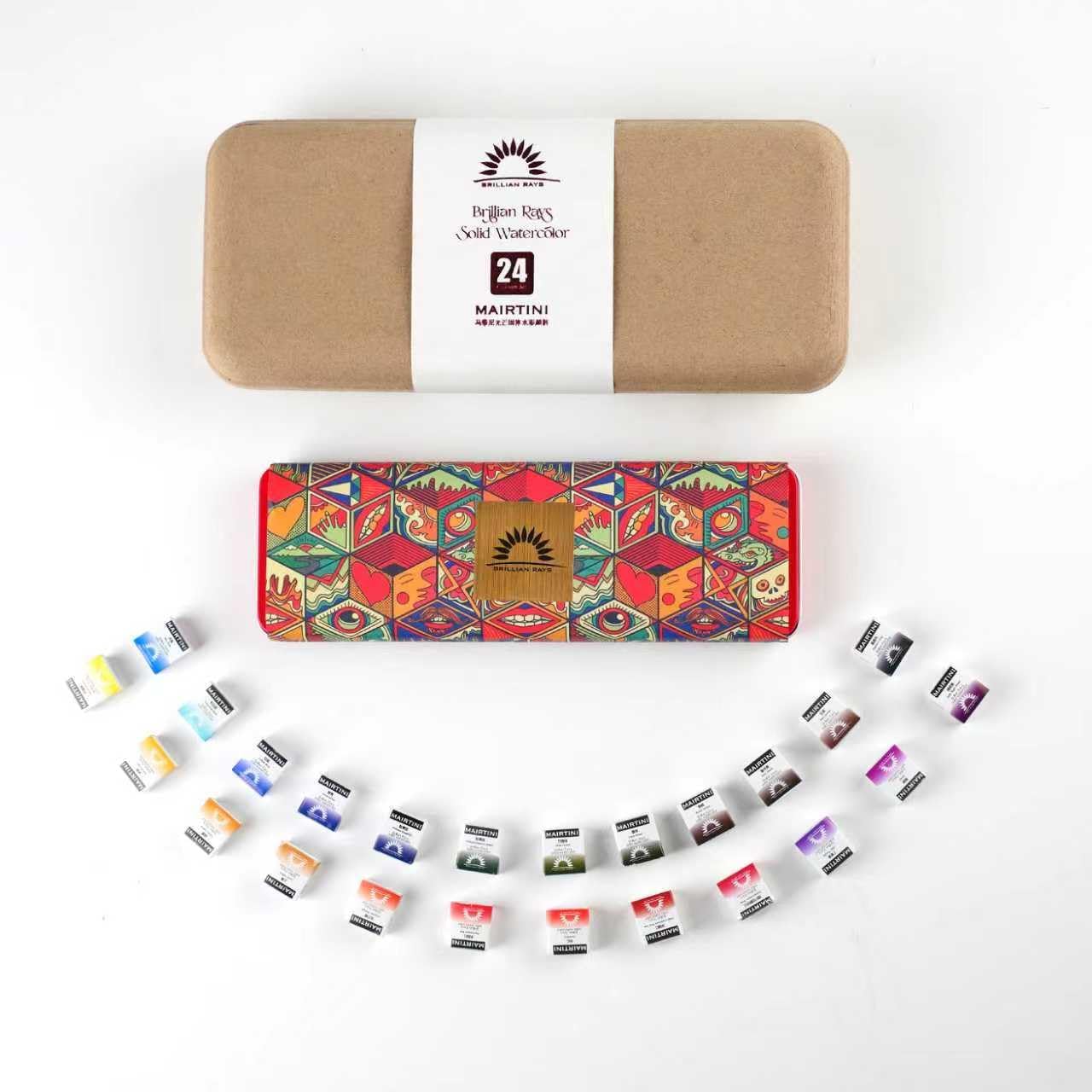 Mairtini Academy Grade Brilliant Series “Oriental Charm” Half-pan Solid Watercolor Paint 24 Colors Set with Red Iron Case