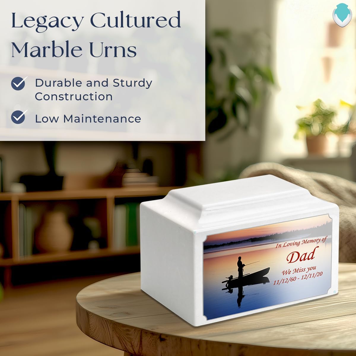GetUrns Cultured Marble Urn Vault by Mackenzie with Personalized Fishing and Text for Human Ashes I Glacier White Adult Urns for Male and Female I 210lbs