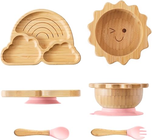 Juego de cuencos de bambú con ventosas para bebés y niños pequeños, plato dividido para alimentos con tenedor y cuchara de silicona, juego de