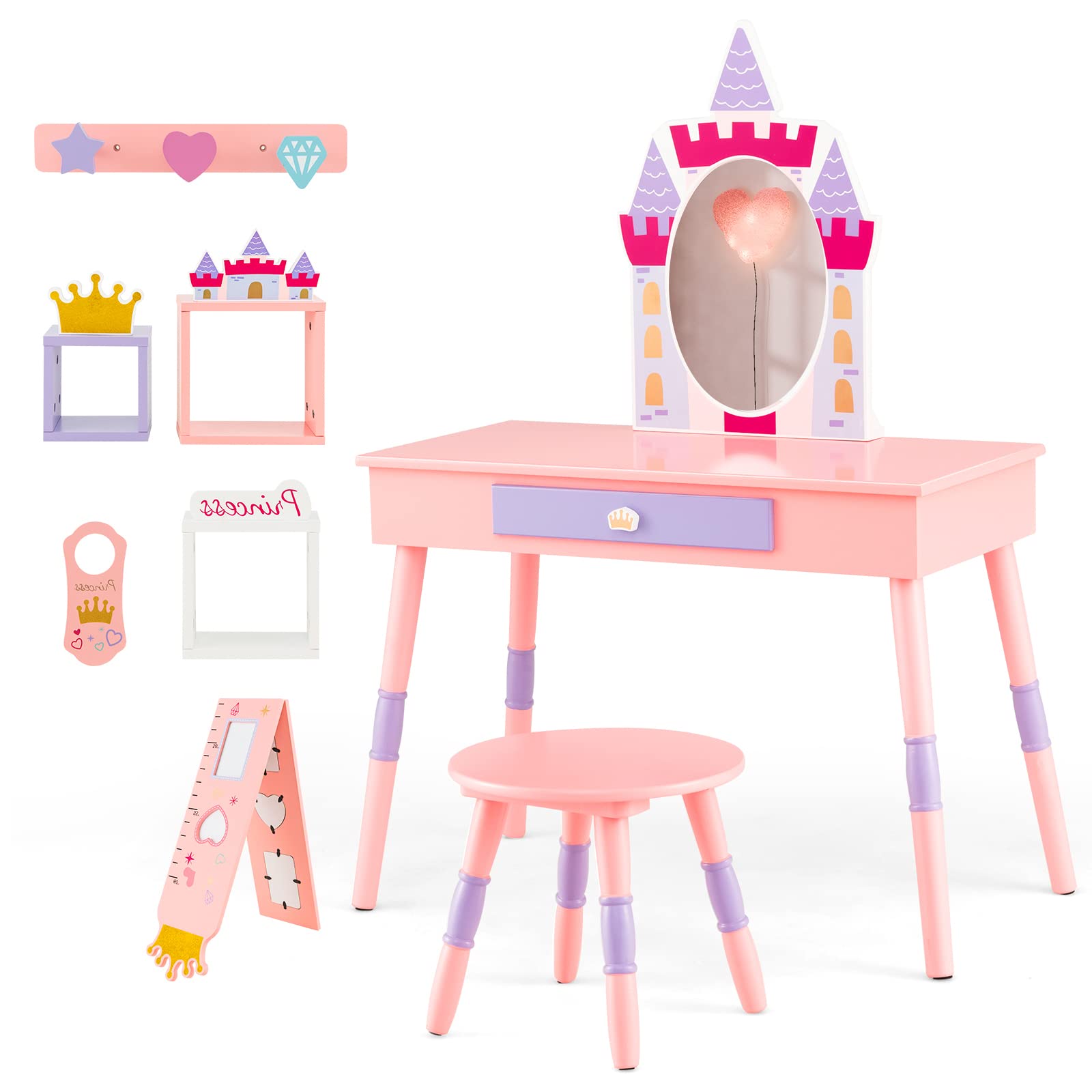 LIFEZEAL Tocador Infantil Castillo, Tocador Infantil con Espejo y Taburete 3+ Años, Tocador de Madera 74x39x101,5 CM, Capacidad de Carga 30/50 KG, Rosa
