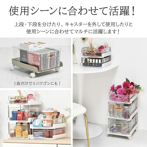 収納ワゴン らくらく移動 クリアな引き出し 5段タイプ キャスター付き 幅27×奥行36.5×高さ70cm ホワイト クリアケース 隙間収納 小物収納 分離可能 移動可能 [3]