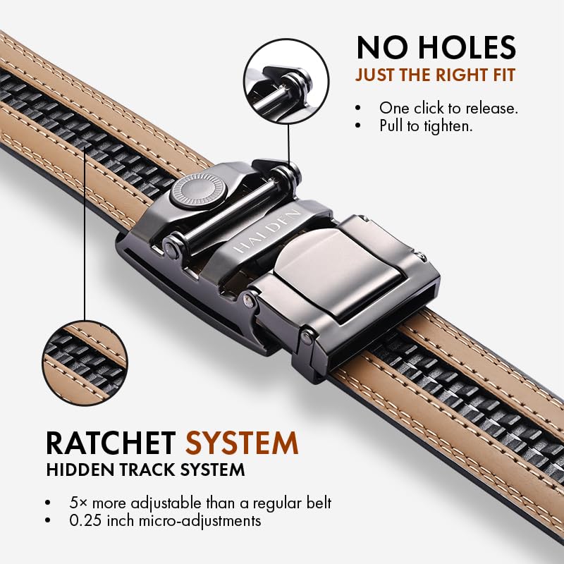 Image of HALDEN THEO Belt For Men Leather Original (Adjustable Fits Up to 44 Inch Waist) Ratchet Straps, Unique Magnetic Auto-lock Buckle Adjustable Belt For Men