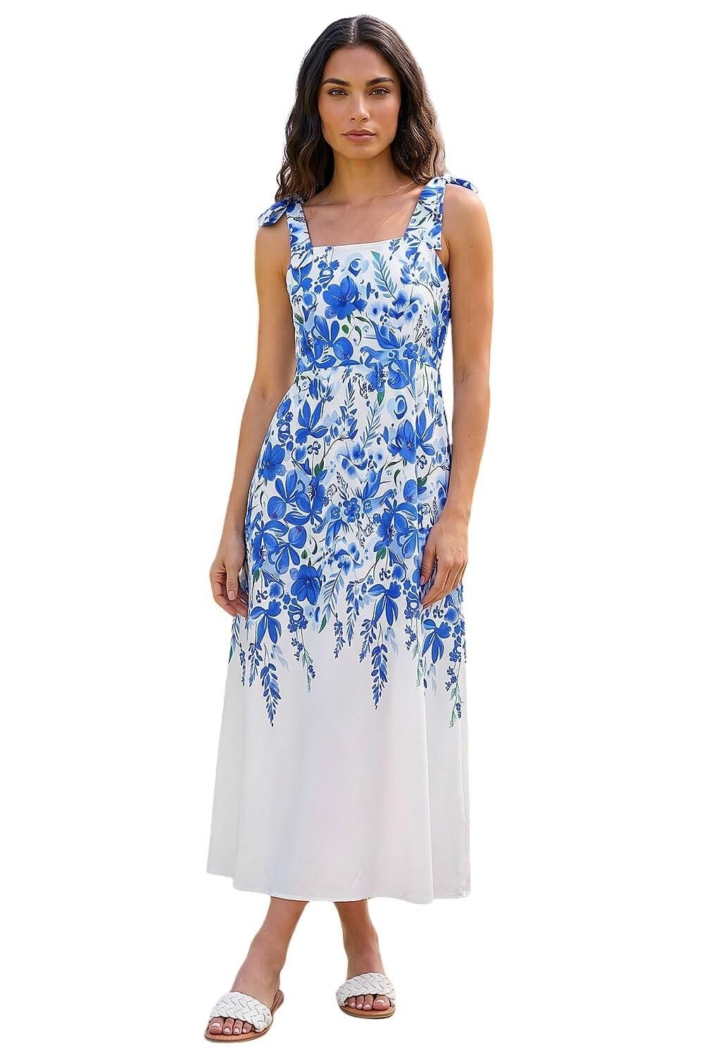 Roman Women's Blue Floral Print Strap Tie Midi Dress In Size 18