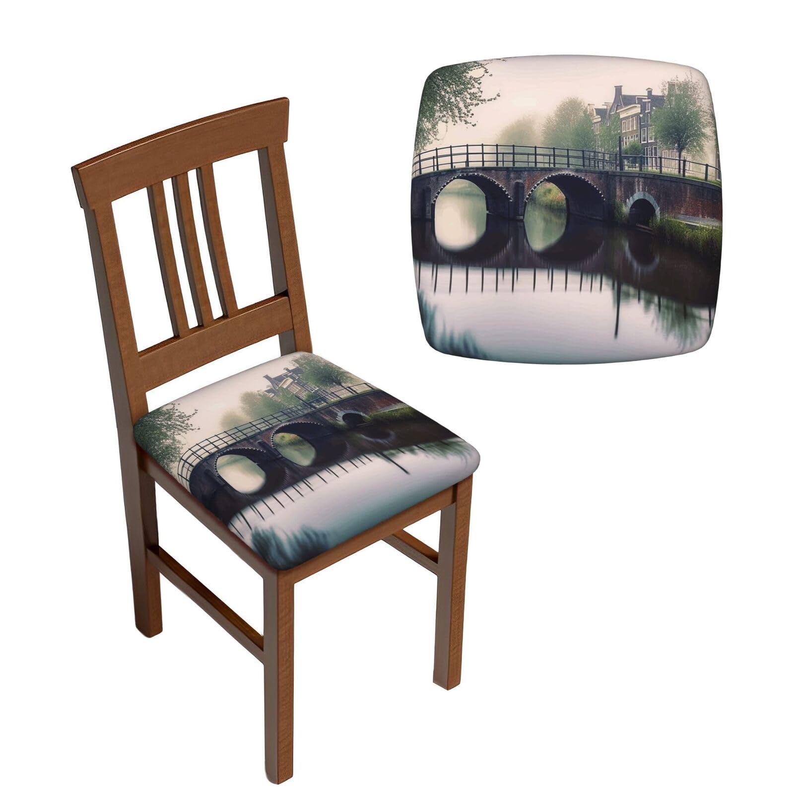 NONHAI 6PCS Dining Chair Seat Covers Set Netherlands Landscape Bridge Stretch Removable Chairs Covers Washable Seat Cushion Slipcovers Protector for Dining Room Kitchen Chairs