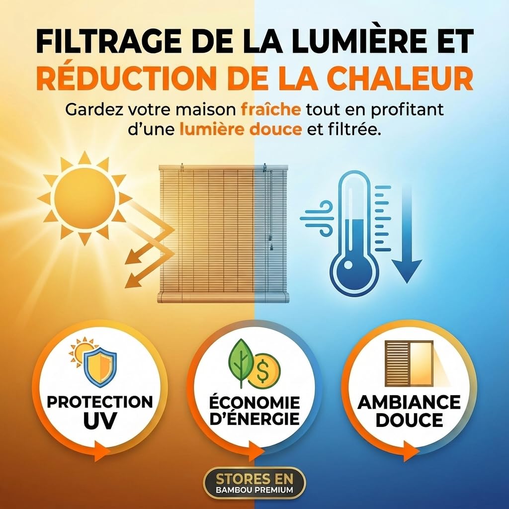 Store Bambou Intérieur, Store Bambou Extérieur, Modèle Enrouleur | Store bambou extérieur pour balcon ou terrasse couverte, enrouleur réglable par cordon avec protection de la vie privée