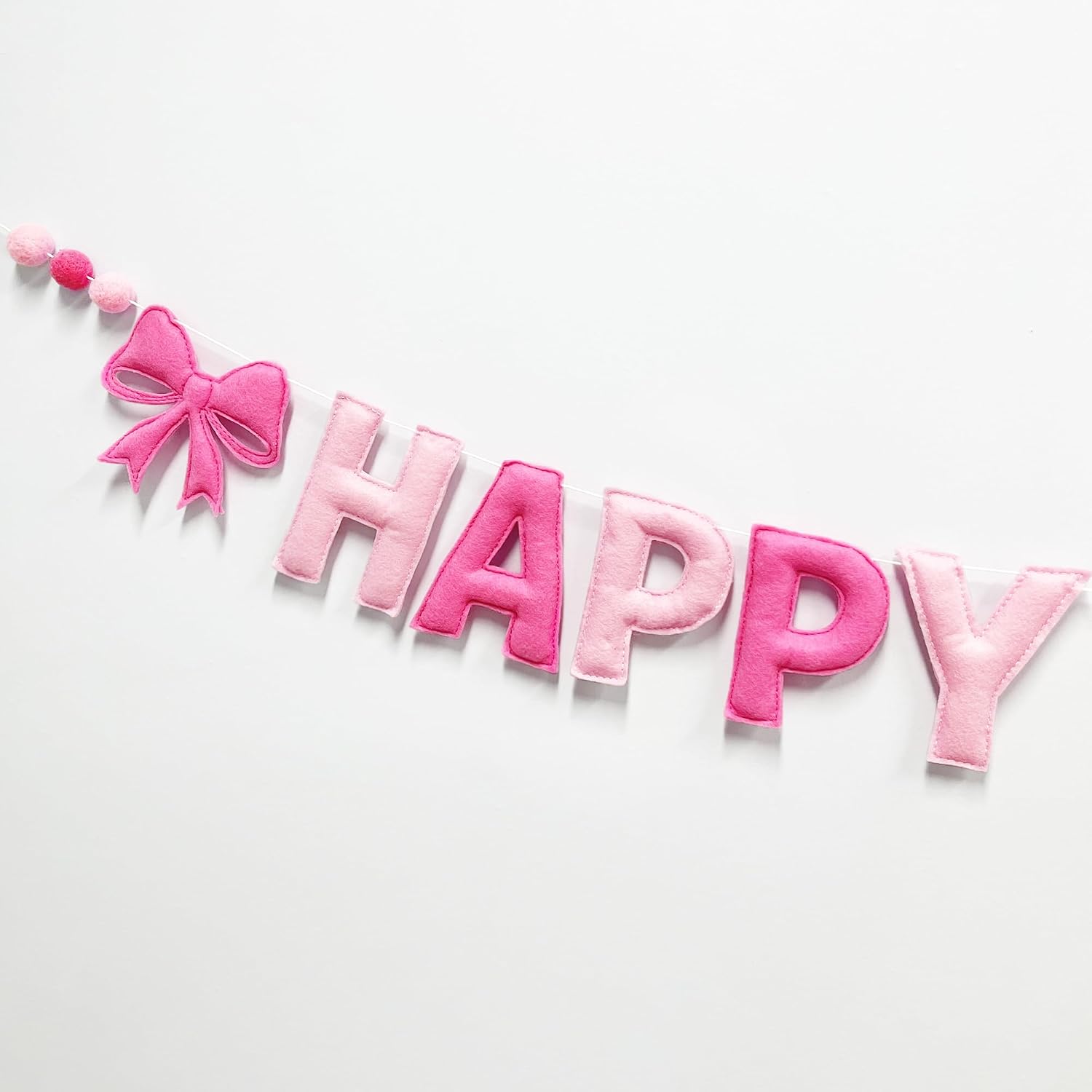 Pink Pre-Strung Happy Birthday Banner Felt Wool Ball Garland Hot Pink Conquette Bow Happy Birthday Garland Streamer Bday Party Decorations Sign for Women Girls Party Photo Prop Decor Supplies
