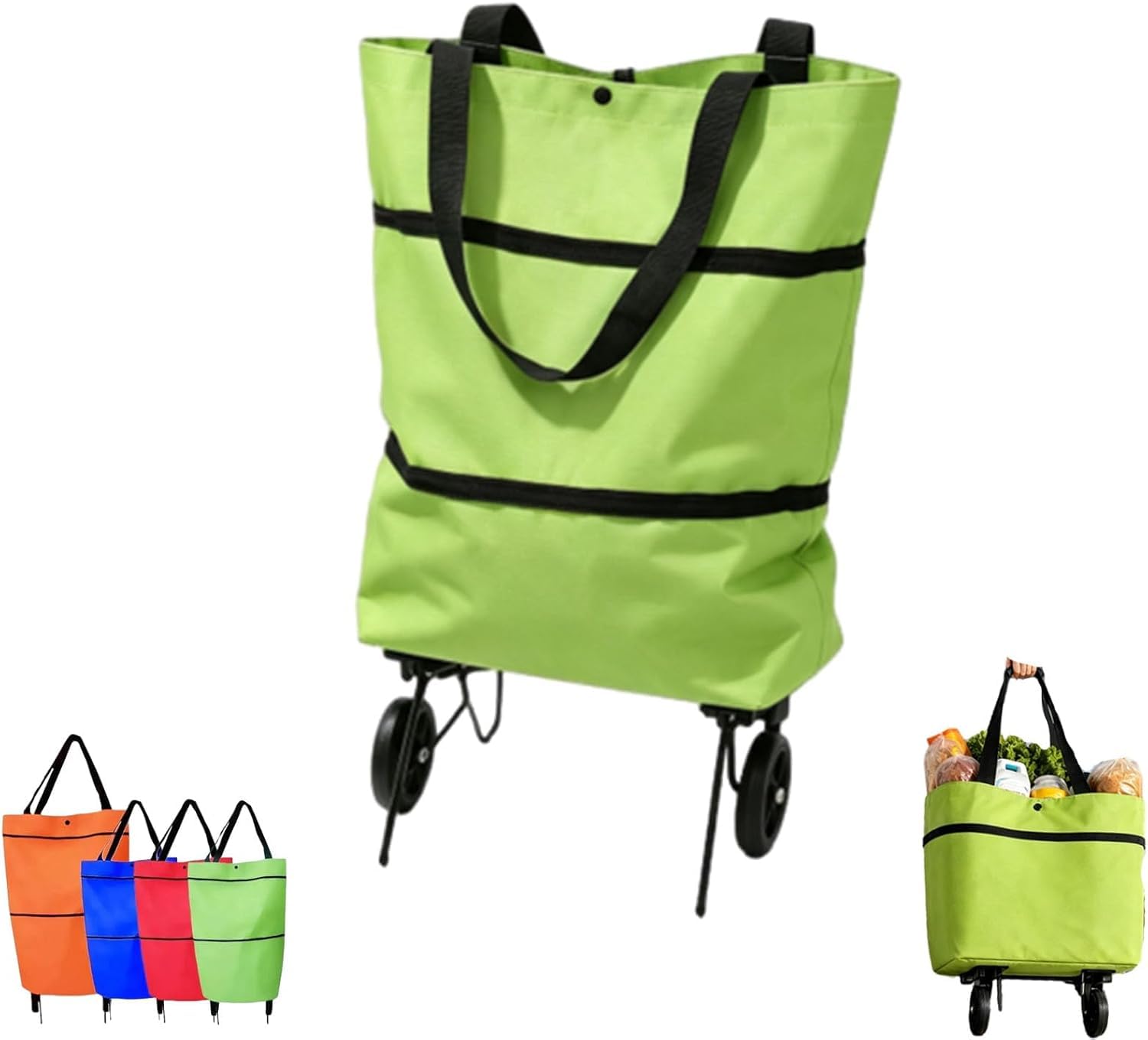 2-in-1 Foldable Shopping Cart with Wheels Waterproof Oxford Fabric Grocery Bag Hand Truck Collapsible Portable Rolling Tote for Supermarket Laundry Travel (Green)