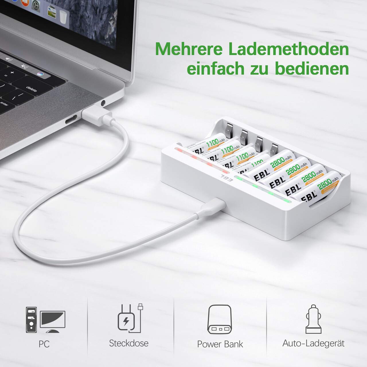 EBL 8 gniazd niezależnej ładowarki akumulatora, ładowarka do baterii AA AAA Ni-MH z 4 szt. AA 2800mAh i 4 szt. AAA 1100 mAh