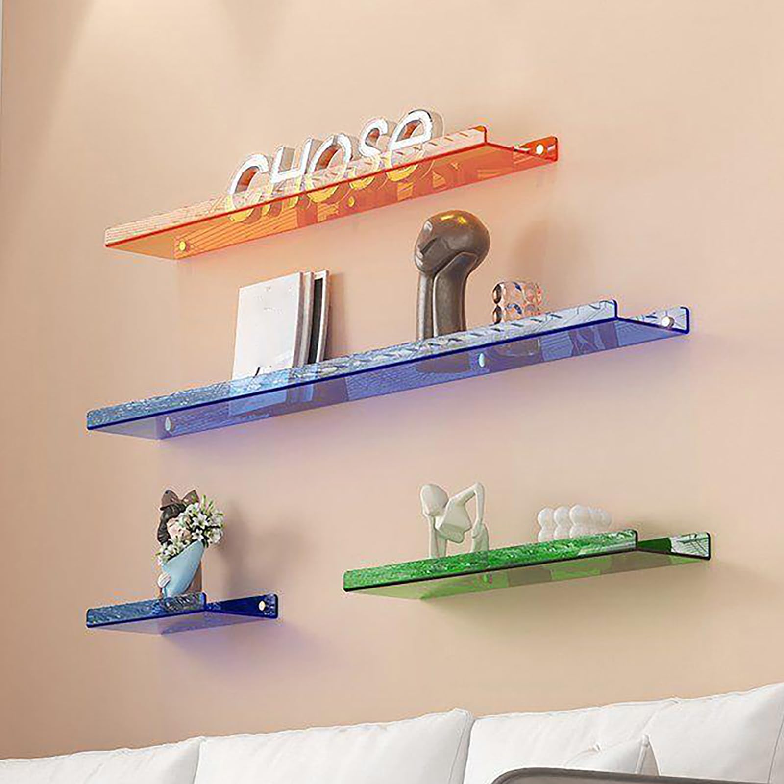 Paquete de 4 estantes flotantes de acrílico transparente para juegos y discos de vinilo, estante de exhibición montado en la pared para baño y cocina (azul 30 cm/120 cm ge 90 cm verde 60 cm)